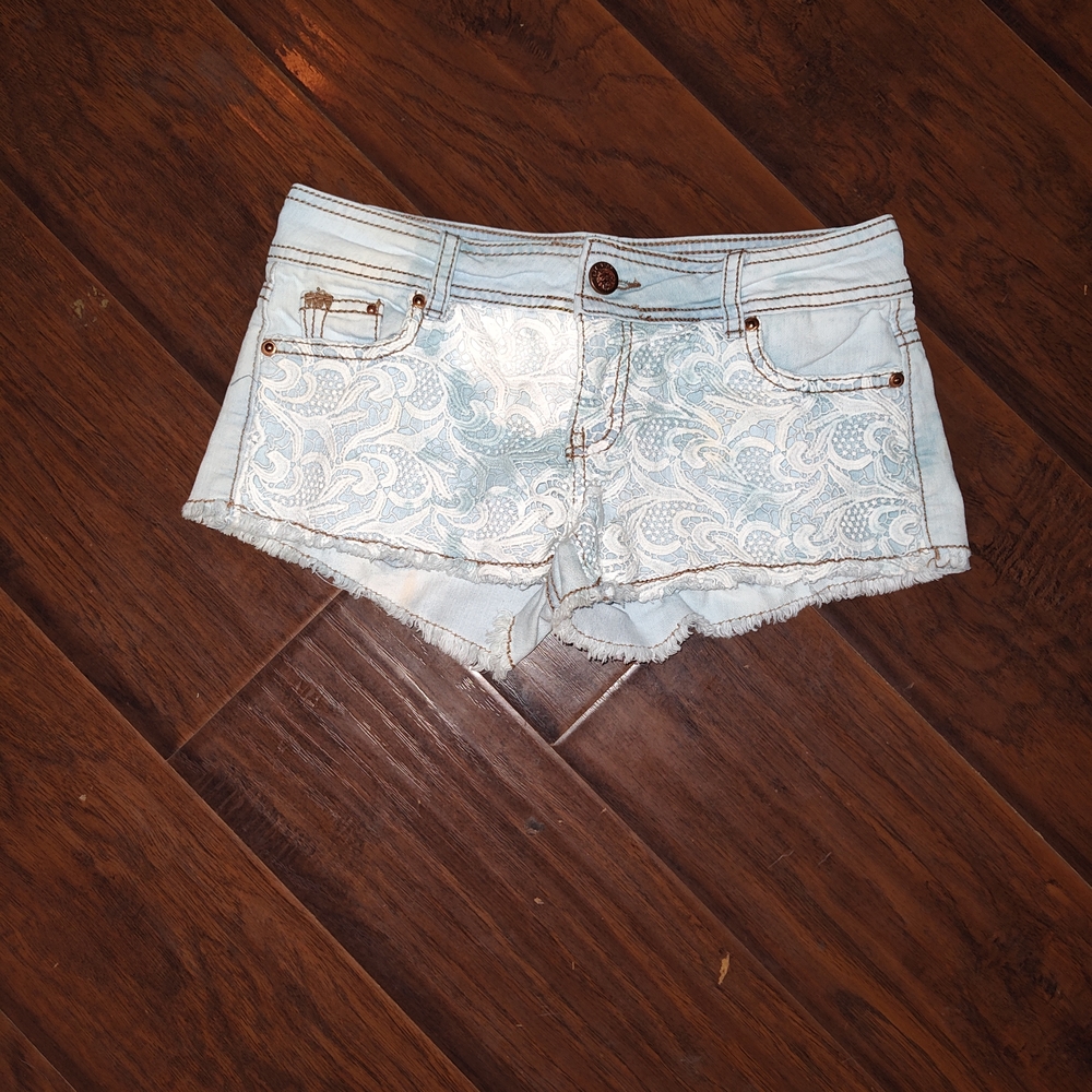 1st Kiss Stylish Blue Denim Women Low Rise Tie Dye Lace Detail Shorts
